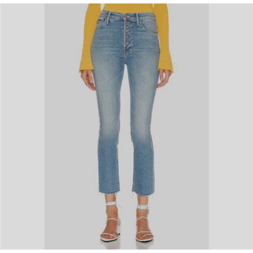 Mother The Pixie Dazzler Ankle Fray Jeans Shoot To Thrill Blue Button Fly 26